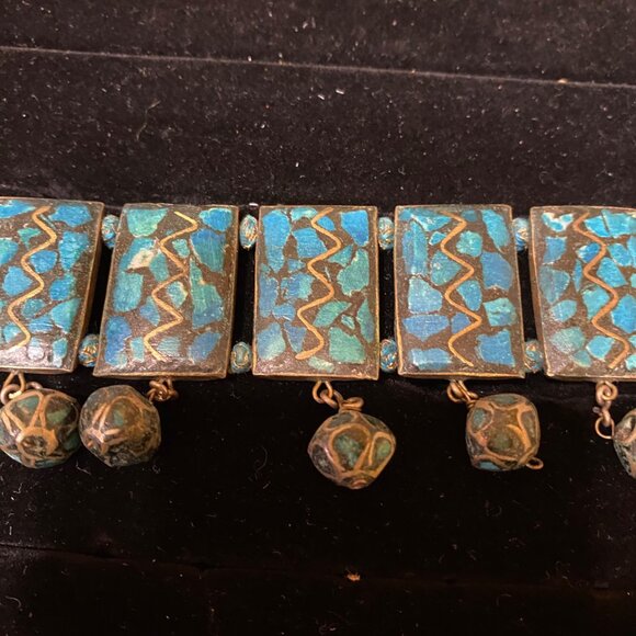 Vintage Bohemian Blue & Gold Gypsy Choker Necklace With Beaded Pendants - Picture 2 of 16